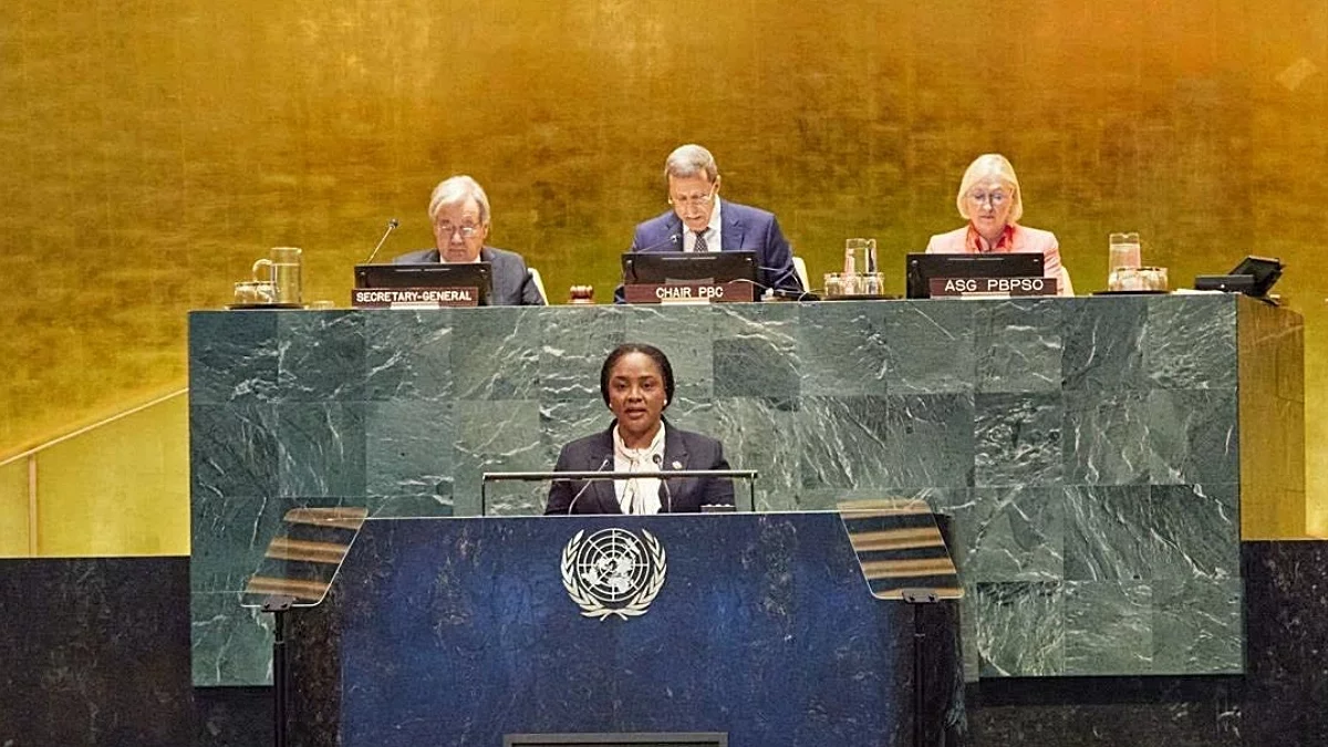Haiti's Minister Sandra Paulemon addresses the UN